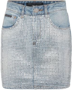 Philipp Plein ビジュートリム デニムミニスカート - ブルー