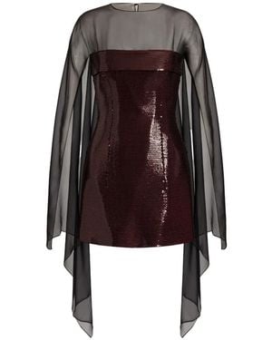 Alberta Ferretti Sequin-Embellished Cape-Overlay Mini Dress - Brown