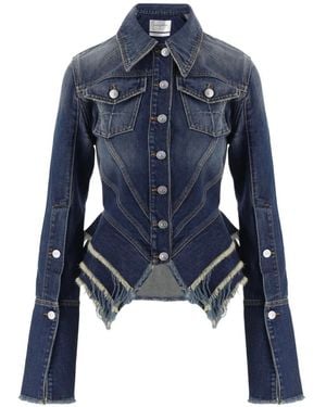 MATIERES FECALES Fringed Peplum Denim Jacket - Blue