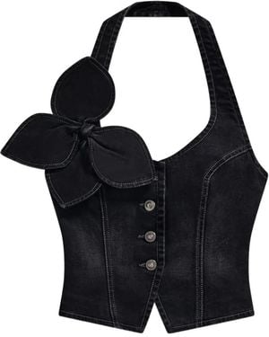 Area Bow Denim Halter Top - Black