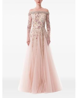 Dina Melwani Peacock-Embroidered Off-Shoulder Maxi Dress - Pink