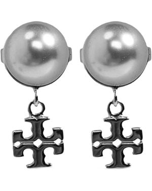Tory Burch Double T Glass-Pearl Earrings - White