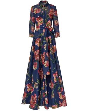 Carolina Herrera Tulip-Print Belted Maxi Dress - Blue