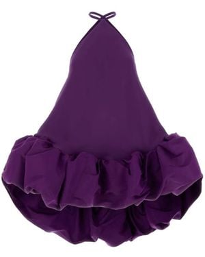 Balenciaga Halterneck Ruffled-Hem Mini Dress - Purple