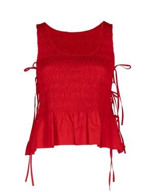Ganni Smocked Tie-Fastening Top - Red
