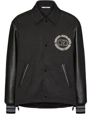 Valentino Garavani Nylon Sports Jacket With Leather Sleeves And Patch - Black