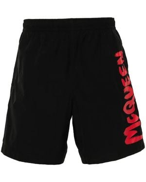 McQueen Swimsuit With Contrast Side Printed Logo - Black