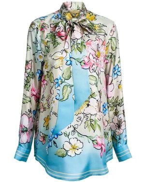 Elie Saab Floral-Print Pussy-Bow Shirt - Blue