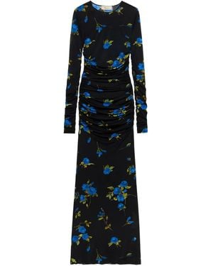 Blumarine Ruched Floral Maxi Dress - Black