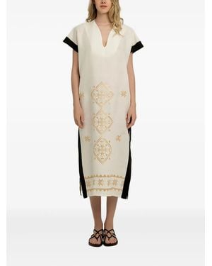 Greek Archaic Kori Geometric Embroidered Midi Dress - Natural
