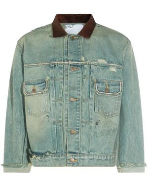 PALY Buffalo 66 Distressed Leather-Collar Denim Jacket - Green