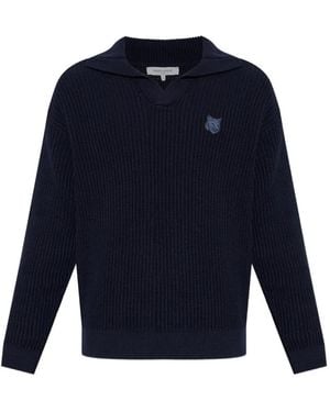 Maison Kitsuné Logo-Embroidered V-Neck Jumper - Blue