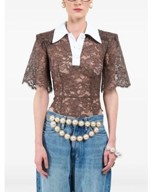 ROWEN ROSE Lace Short-Sleeves Polo Shirt - Brown