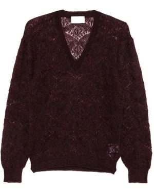 SOLOTRE Lace-Knit V-Neck Sweater - Red