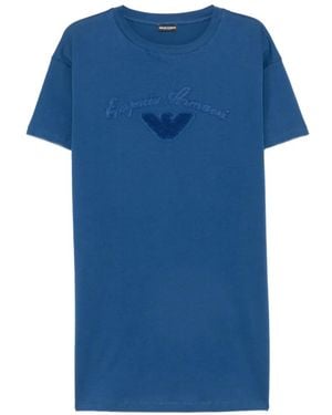 Emporio Armani Logo-Embroidered T-Shirt Beach Dress - Blue