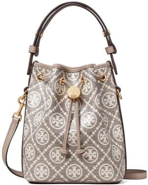 Tory Burch T Monogram Coated-Jacquard Mini Bucket Bag - White