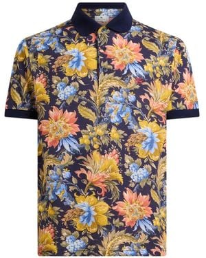 Etro Cotton-Pique Polo Shirt With Plain-Colour Details And Floral-Motif - Blue