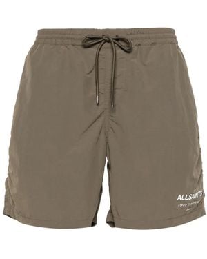 AllSaints Logo-Print Drawstring Swim Shorts - Grey