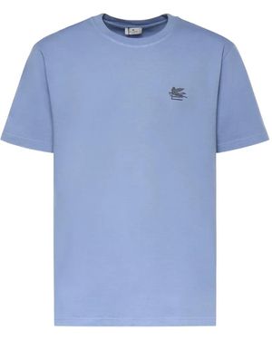 Etro Pegaso-Embroidered Graphic-Print T-Shirt - Blue