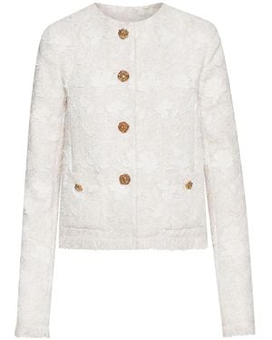 Oscar de la Renta Floral-Embroidery Tweed Jacket - White
