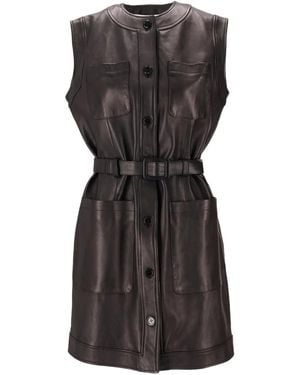 LA ROSE Buttoned Belted Leather Dress - Black