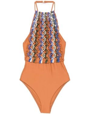 Agua de Coco Macramé-Detail Swimsuit - Orange