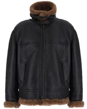 Saint Laurent Shearling-Trim Leather Jacket - Black
