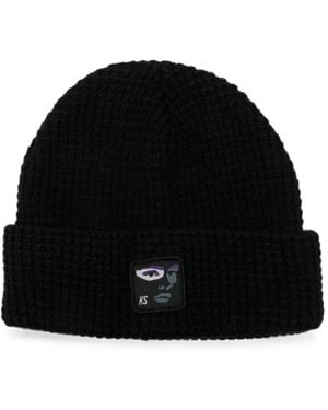 Kidsuper Logo-Patch Waffle-Knit Beanie Hat - Black