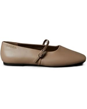Calvin Klein Buckle-Strap Leather Ballet Flats - White