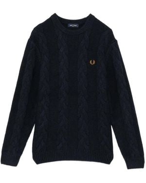 Fred Perry Cable Knit Crew Neck Jumper - Blue