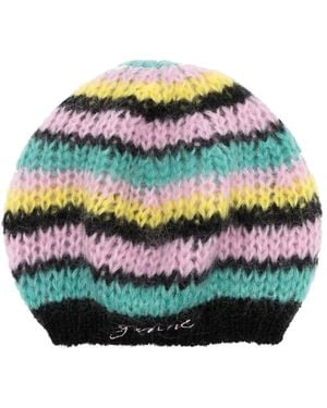 Ganni Striped Embroidered Logo Beret - Grey
