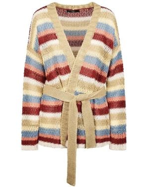 Weekend by Maxmara Yarn Striped-Pattern Belted Cardigan - White