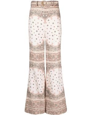 Zimmermann Belted Paisley-print Linen Flared Trousers - Natural
