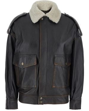 Semicouture Shearling-Collar Leather Jacket - Black