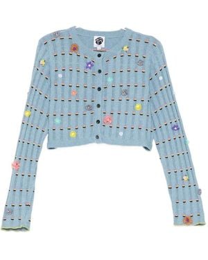 YANYAN KNITS Floral-Embellished Cropped Cardigan - Blue