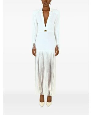 ROWEN ROSE Robe-Polo Longue À Manches Longues Et Franges - White