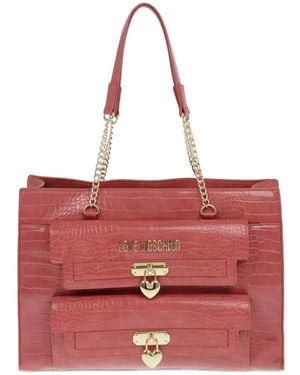 Moschino Crocodile-Effect Heart-Padlock Shoulder Bag - Red