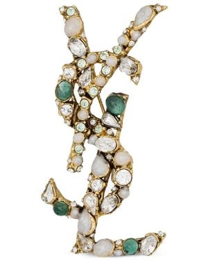 Saint Laurent Cassandre Crystal-Embellished Brooch - White