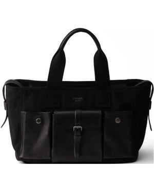 Prada Route Large Canvas And Leather Tote Bags - Black