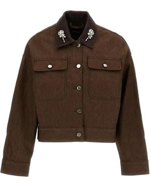 Simone Rocha Embellished-Collar Cropped Denim Jacket - Brown