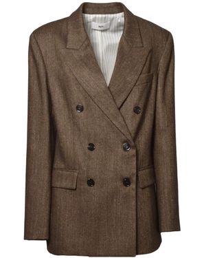 SOLOTRE Herringbone Double-Breasted Blazer - Brown