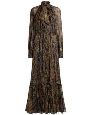 Etro Long Silk Dress With Bow And Paisley Motif - Natural