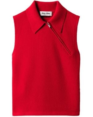 Miu Miu Ribbed-Collar Zip-Front Sleeveless Vest - Red
