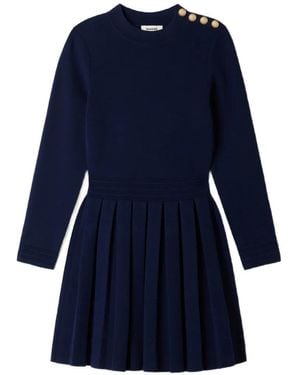 Sandro Button-Detail Pleated Knitted Dress - Blue