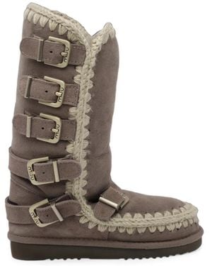 Mou Eskimo Buckle-Fastening Crochet-Trim Boots - Brown
