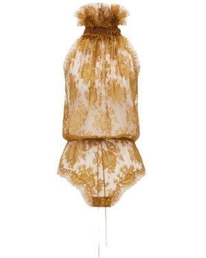 Saint Laurent Ruffled Lace Bodysuit - Metallic