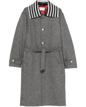 Drole de Monsieur Striped-Collar Belted Coat - Grey