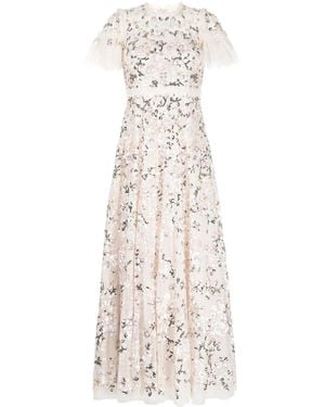 Needle & Thread Floral-Embroidered Short-Sleeve Gown - Natural