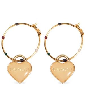 Bimba Y Lola Medium Hoop Earrings With Enamel Heart And Multicoloured Logo - Metallic