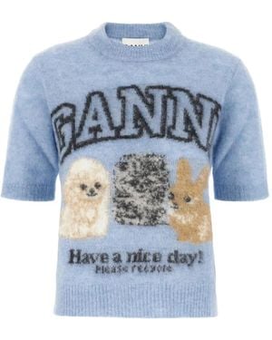 Ganni Short-Sleeve Wool Jumper - Blue
